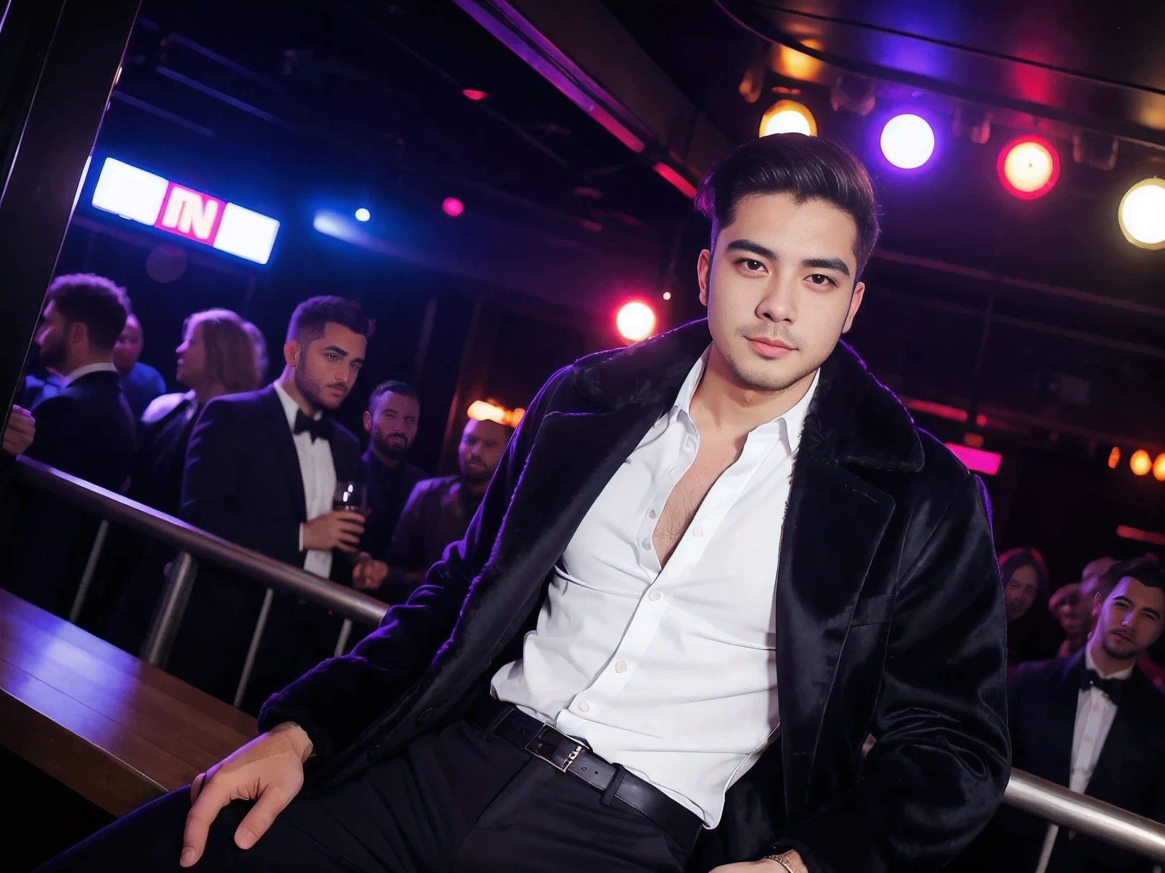 handsome male,solo,Casual dress,feather coat,dutch angle ,nightclub