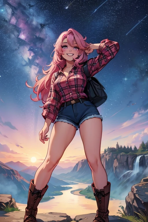 A pink haired woman with violet eyes with an hourglass figure in a plaid shirt and shorts and hiking boots is smiling while watching the stars in the fores