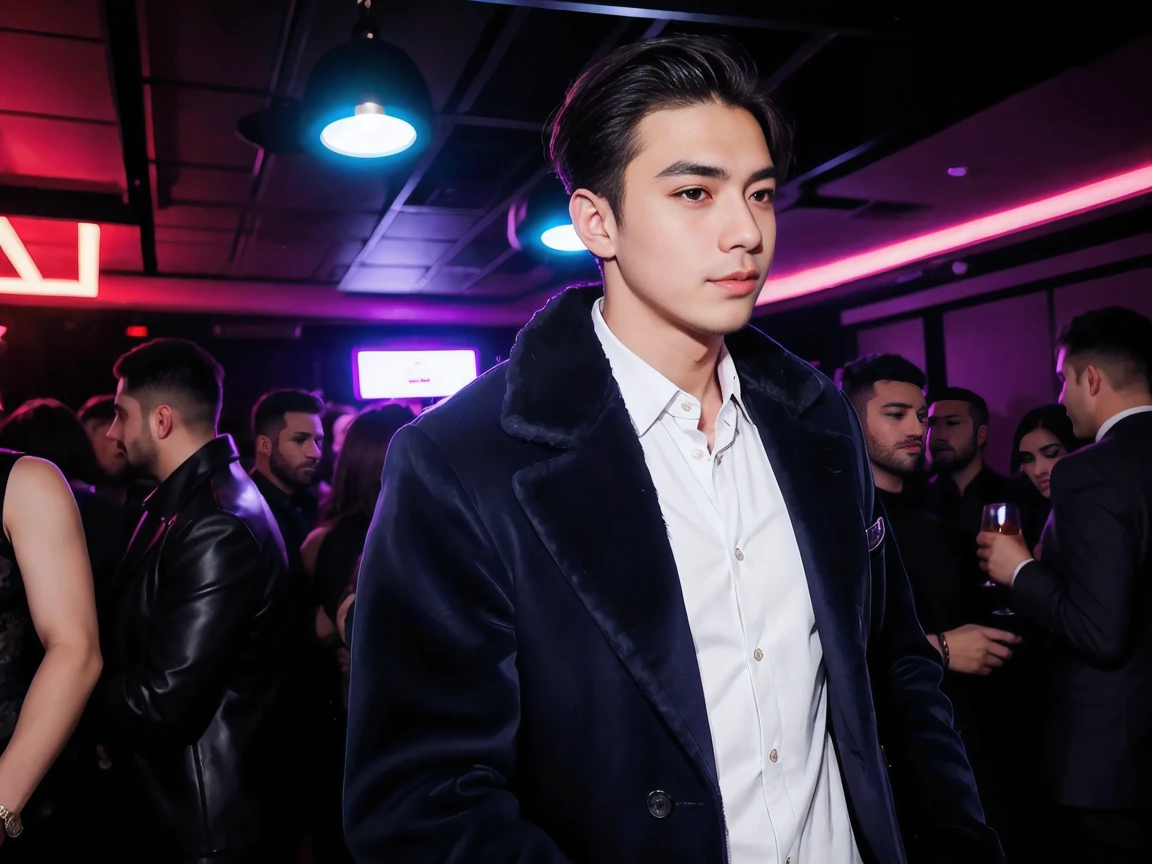 handsome male,solo,Casual dress,feather coat,dutch angle ,nightclub
