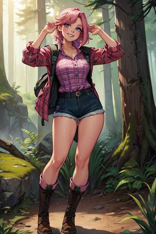 A pink haired woman with violet eyes with an hourglass figure in a plaid shirt and shorts and hiking boots is smiling in the forest