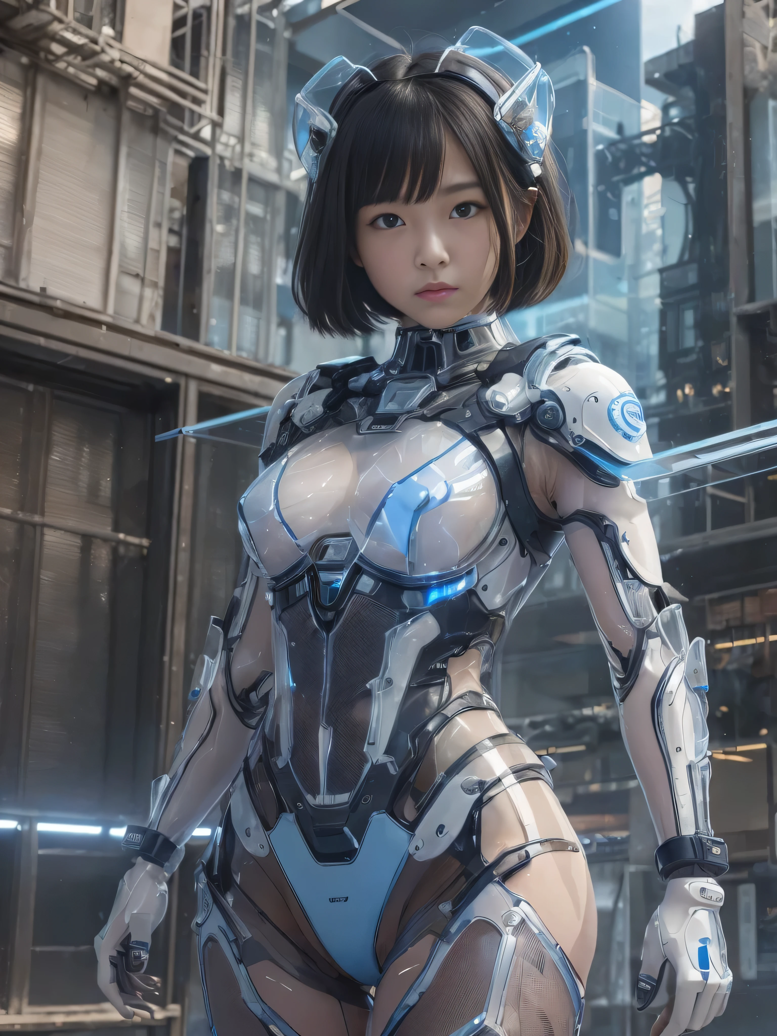 (RAW quality:1.4), One Girl, Japanese, , Textured skin, Very detailed, Advanced Details, high quality, 最high quality, High resolution, 1080p, hard disk, beautiful,(Gundam),Beautiful cyborg woman,large body,((Wearing Futuristic Transparent Reinforced Plastic Machine Parts。:1.4)), Nipples covered with transparent mechanism, Mechanically protected front groin, The bare skin of the large body is exposed., large body naked, Perfect Proportions, Great tit, (He carries a lot of weapons on his back..:1.4), (Hero Pose), Cowboy Shot, (Short-cut straight hair that looks beautiful in blue and white:1.4), folded building background, City in flames, (The blue LED on the bust top glows strongly:1.4), Biologically correct,