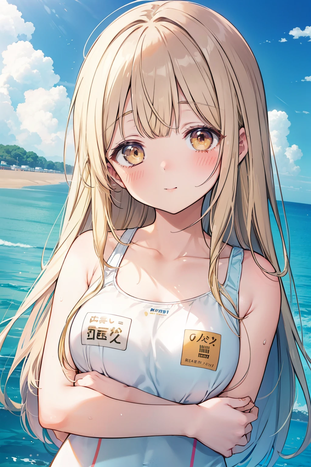 Shiina Mayu、Good looking girl (blush, Perfect Face), independent , Looking at the camera, masterpiece, Anime art style, Cute Characters, Most detailed, high quality、Nico Nico Smile、There are highlights on the eyes、、The whole body is visible、Blonde、Long Hair、Yellow Eyes、Wearing a swimsuit、Playing in the sea、Swimsuit