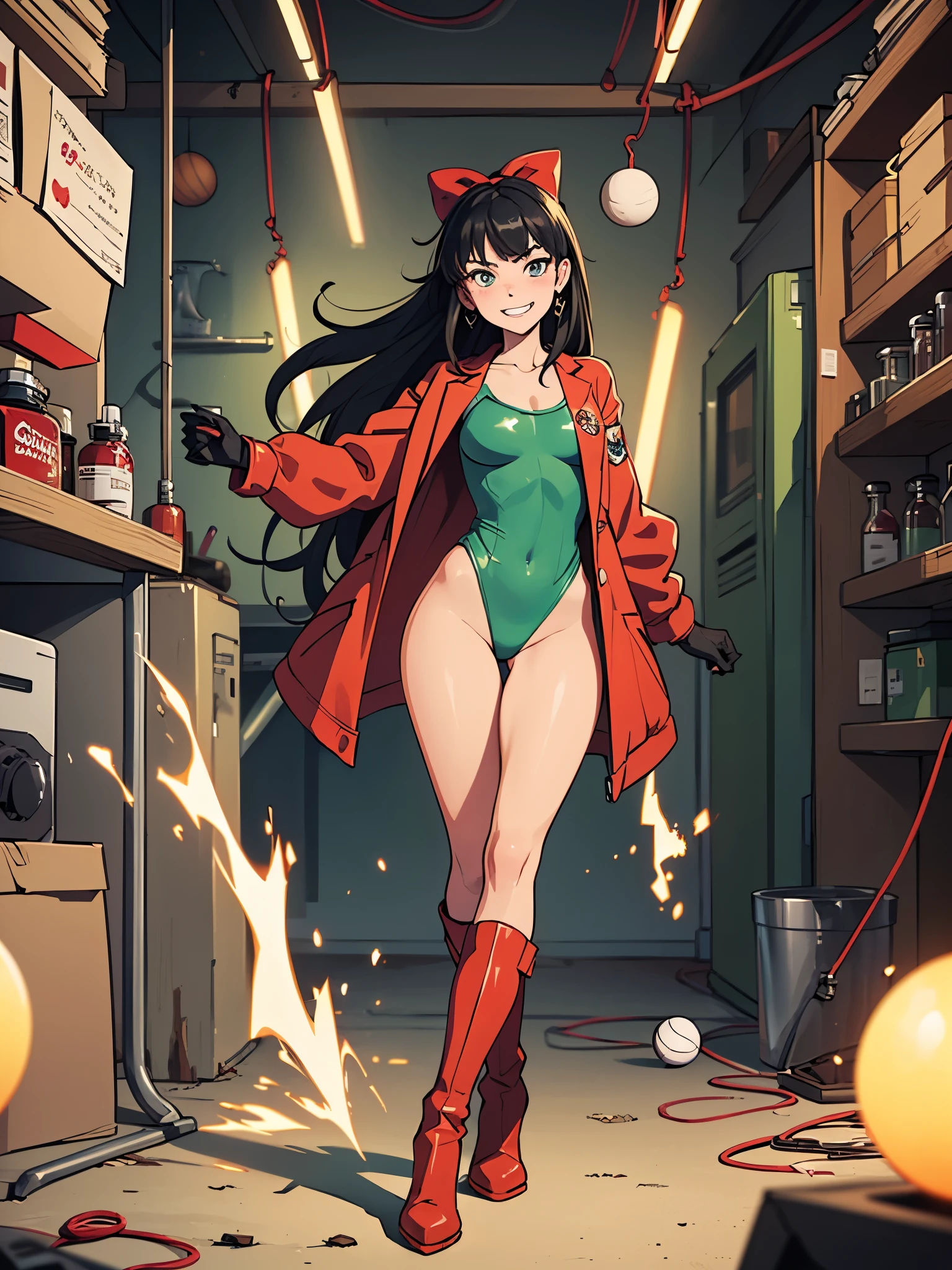1girl, solo, tall body, scientist, mad scientist, (red lab coat, green leotard), (red hair bow), bare legs, (ankle-high boots, red boots, matching boots), gloves, (black hair, long hair), (hazel eyes, beautiful detailed eyes), (perfect anatomy, perfect proportions), scheming pose, professional, laboratory backdrop, cowboy shot, bunker, evil grin, (atom symbol on chest), powering up, full body costume design, glow, energy pulse, (energy ball on hand).