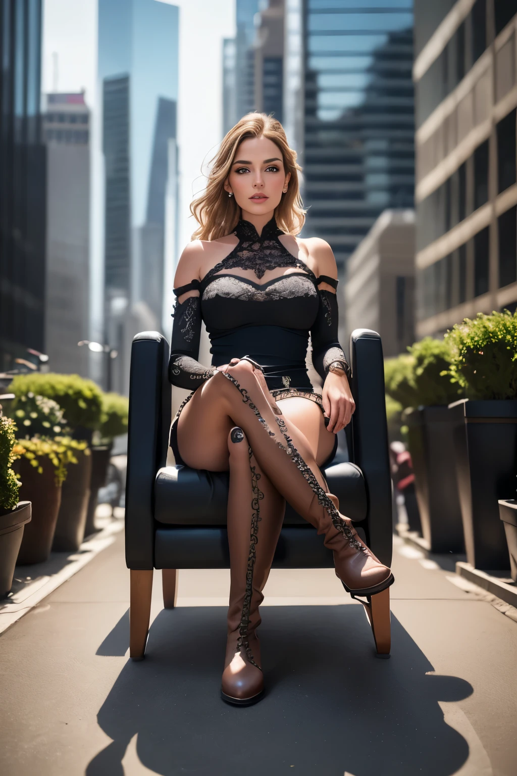 (best quality, 4k, 8k, highres, masterpiece:1.2), ultra-detailed, (realistic, photorealistic, photo-realistic:1.37), office in a skyscraper in a big city, female cyborg, beautiful detailed eyes, beautiful detailed lips, beautiful detailed face, extremely detailed eyes, extremely detailed face, long eyelashes, sits with her feet up in a luxurious chair, heavy mens boots, high quality,  absurdity, masterpiece, beautiful, complex parts,1/2 body trimmings, slender body, beautiful figure, magnificent anatomy, complex parts:1.12, HDR, complex parts:1.15, natural skin textures, hyperrealistic, soft light, spicy:1.2