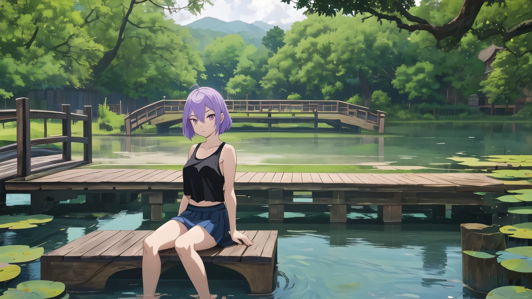 young woman with light purple hair and a black blouse is sitting on a old rustic wooden platform, girl sitting poses, in the background is a pond with water lilies, oriental landscape with a magnolia tree in the background, oriental garden, barefeet, light purple hair, short girls hair, shoulder length hair, evil looking girl, short blouse, shoulder free airy tank top, blue cropped skirt, black tank top, evil looking purple eyes, anime, old rotten wooden footbridge on the lake shore, wooden ground, epic anime artwork, evil woman