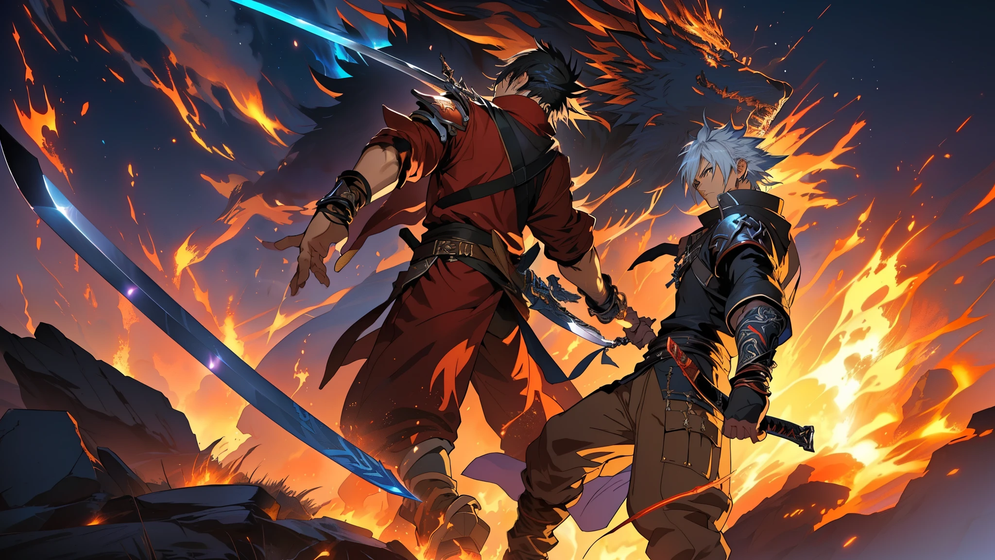 Master piece, best quality, anime, anime boy, man with sword, bracelet on fire, fire, sword, fire, fire, flames, fire, anime epic artwork, ((FINAL FANTASY XVI)) ((CLIVE ROSFIELD)), high definition anime art, detailed digital anime art, hd anime wallpaper, epic fantasy art style hd, badass anime 8 k, hd anime wallaper, 2. 5 d cgi anime fantasy artwork, 4k anime wallpaper, detailed anime art, ultra hd anime wallpaper, KAZUYA TAKAHASHI, TETSUYA NOMURA STYLE, TAKESHI OBATA STYLE.