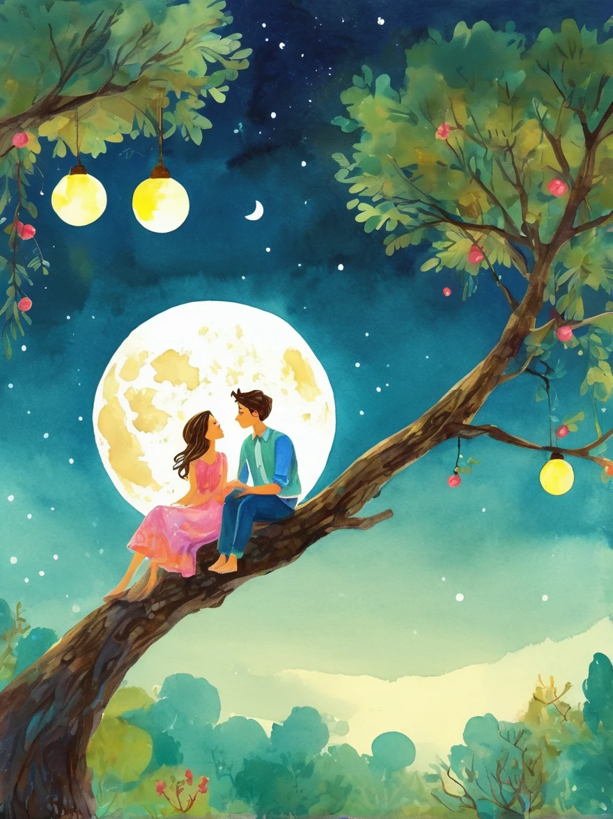Romantic，night，Backlight，A man and a woman sitting on a tree branch，There is a full moon behind it，Alexander，repeat，Fresh colors，Soft colors，Ink and watercolor，Vector illustration，Diode lamp，Concept art style，Extremely complex details，Clear distinction between light and dark，Layered，Ultra HD