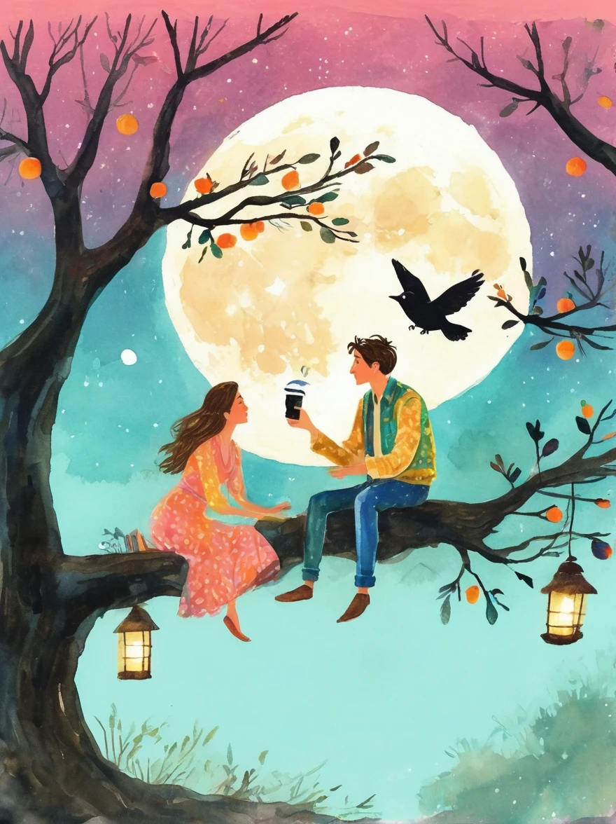 Romantic,night,Backlight,A man and a woman sitting on a tree branch,There is a full moon behind it,Alexander,repeat,Fresh colors,Soft colors,Ink and watercolor,Vector illustration,Diode lamp,Concept art style,Extremely complex details,Clear distinction between light and dark,Layered,Ultra HD