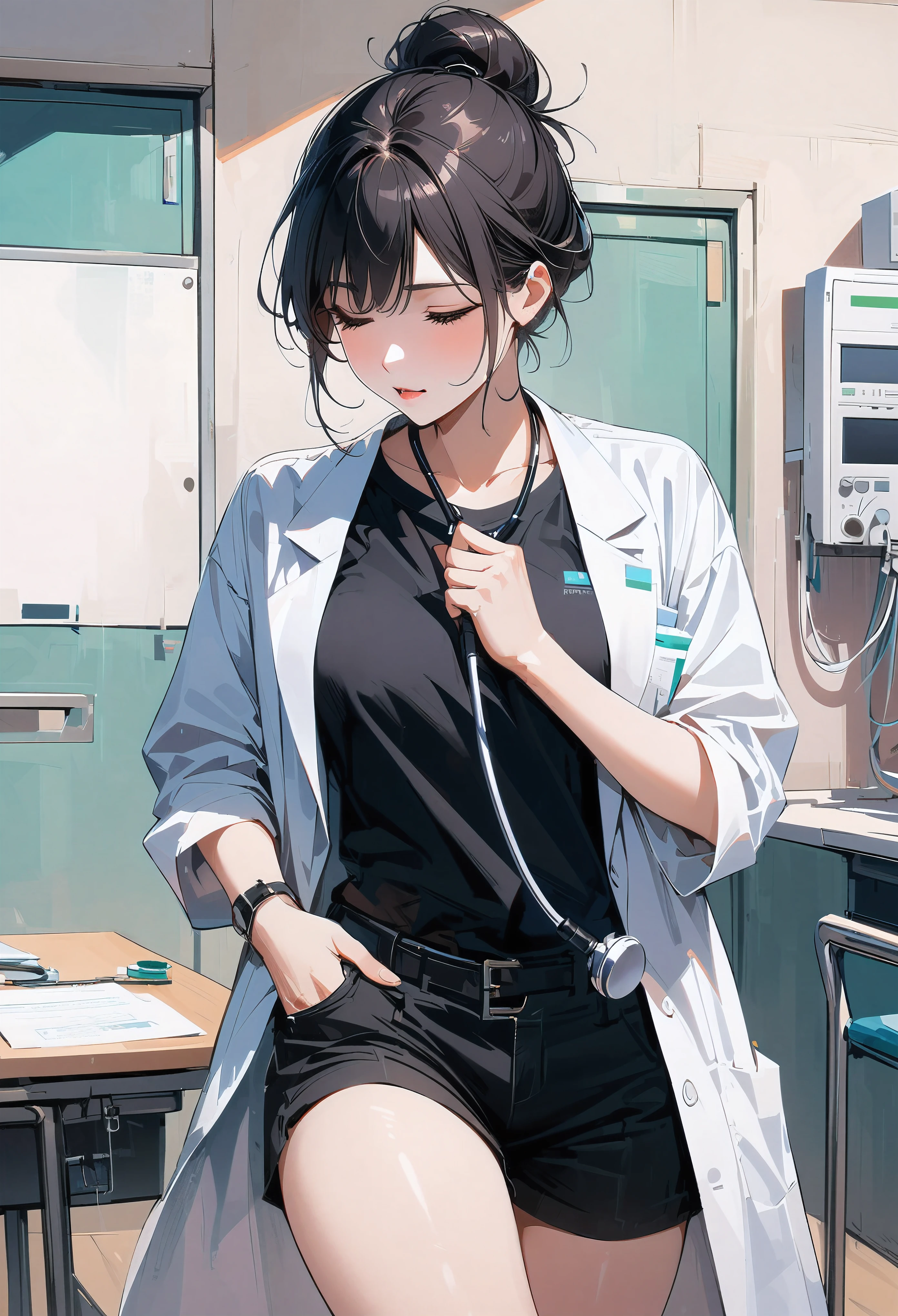 8K,high-level image quality、reality、solo ,(Female doctor)、doctor uniform ,hospitals、(white lab coat), (hospital examination room) indoors, work desk, 、Chest Reveal、black hair ,hair bun ,sexy , (black shirts) , black shorts , , cowboy shot , Stethoscope