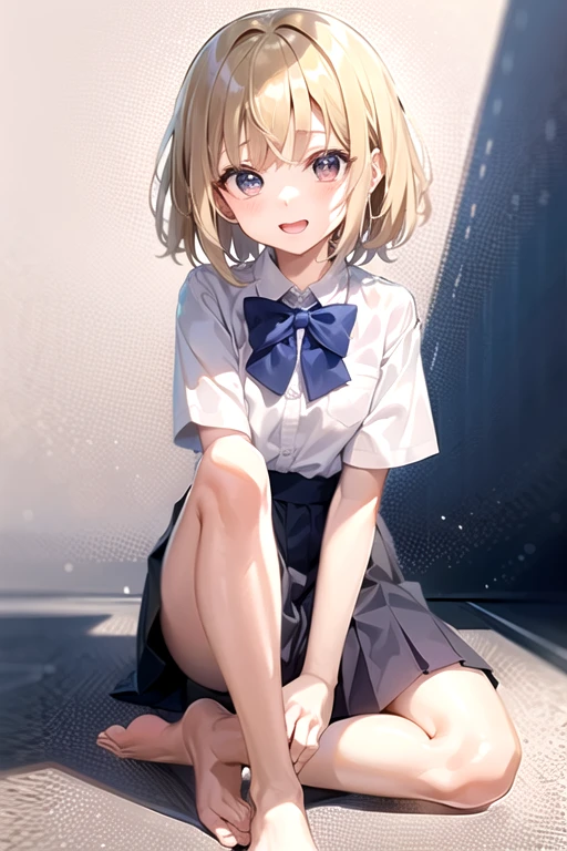 girl,Very beautiful face,bust,Put your hands down,Random hairstyle,Random Expressions,Big eyes, ,Lower abdomen,(short-sleeved
JK_shirt),JK_style,(dark blue JK_skirt) ,(bow JK_tie),Mix ung、young!!、one person!!、human、4歳のgirl、short hair、Blonde、With bangs、small、Laughter、Big eyes、barefoot、Short sleeve、black eye、cute、Spread your legs、With ribbon、skirt、small胸、身長のsmall、体のsmall、Short legs、charm、