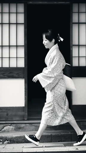 Walking around in a kimono、Monochrome