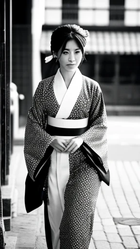 Walking around in a kimono、Monochrome