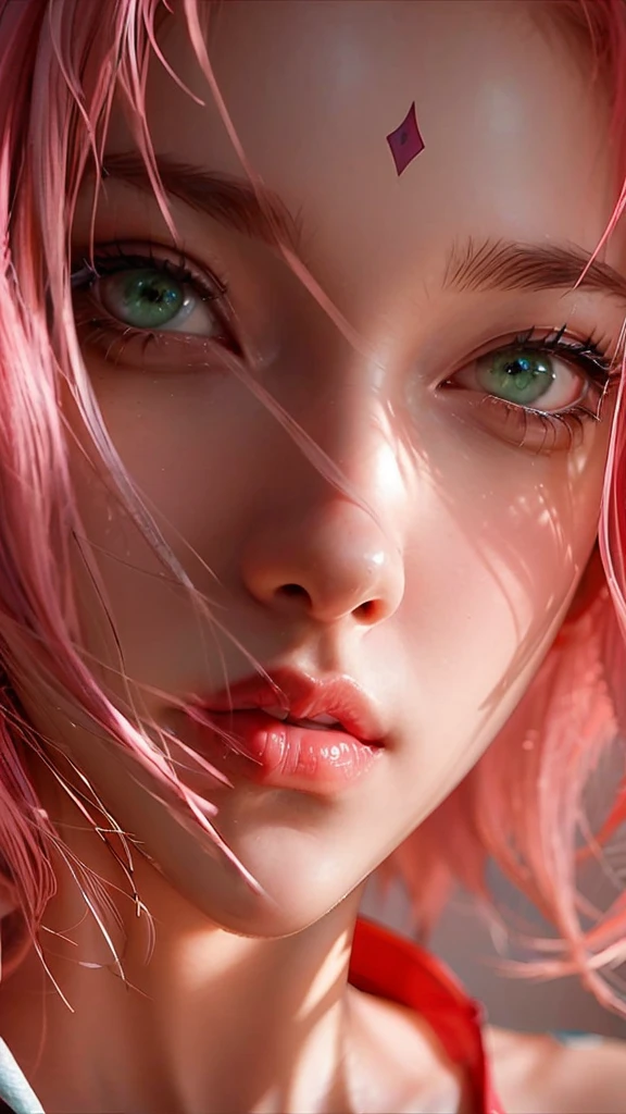 young woman, short shoulder-length pink hair, wide forehead, porcelain skin, pink eyebrows, big emerald green eyes, buttoned nose, full lips, heart-shaped face, slender body, small breasts, red tank top, Sakura Haruno , realistic, realism, details, 3d, well detailed