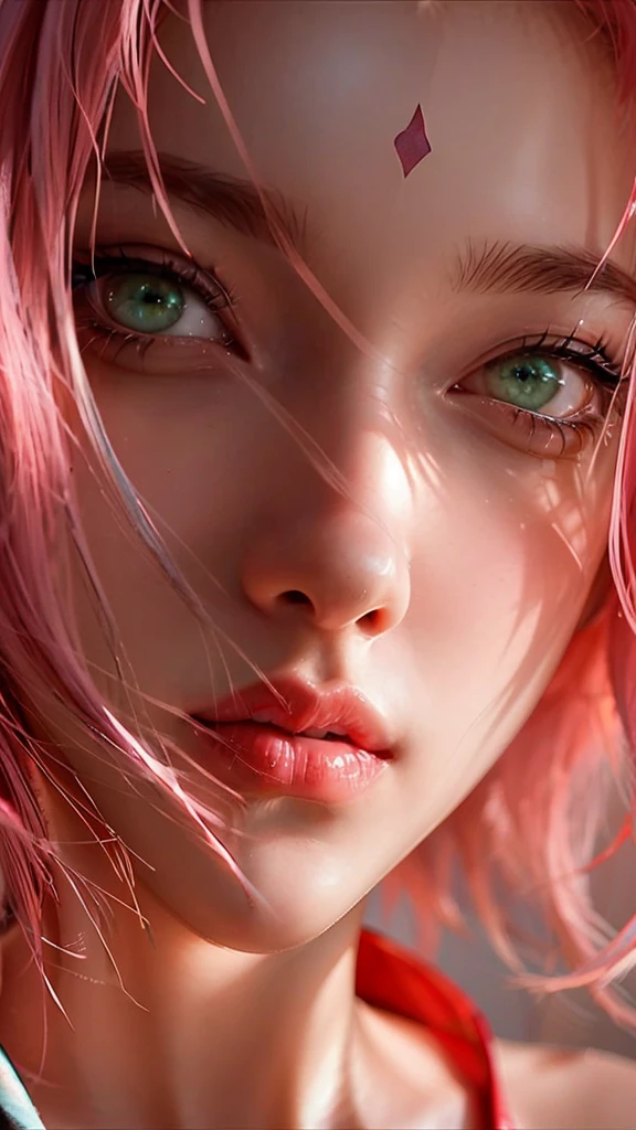 young woman, short shoulder-length pink hair, wide forehead, porcelain skin, pink eyebrows, big emerald green eyes, buttoned nose, full lips, heart-shaped face, slender body, small breasts, red tank top, Sakura Haruno , realistic, realism, details, 3d, well detailed
