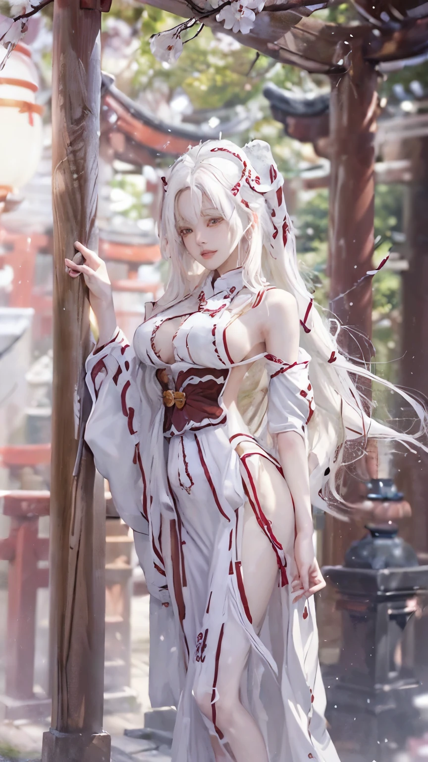 ((Styled white hair:1.5))(Miko costume:1.3), Symmetric, (highest quality, Realistic:1.4, RAW Photos:1.2, Cinematic Light, Highly detailed illustration), (1woman:1.3, alone), (Asian 25 year old girl, Very delicate face, Super beautiful face, Very delicate eyes, Highly detailed nose, Very sophisticated mouth, Highly detailed facial features, 輝くskin), woman, (Medium Bust,sideboob:1.3), skin, Lip gloss, Laughter, Full Body View, High resolution, High resolution, 8k, Masterpiece 2:1,（ Shrines in Kyoto、torii、Scattering cherry blossoms）
