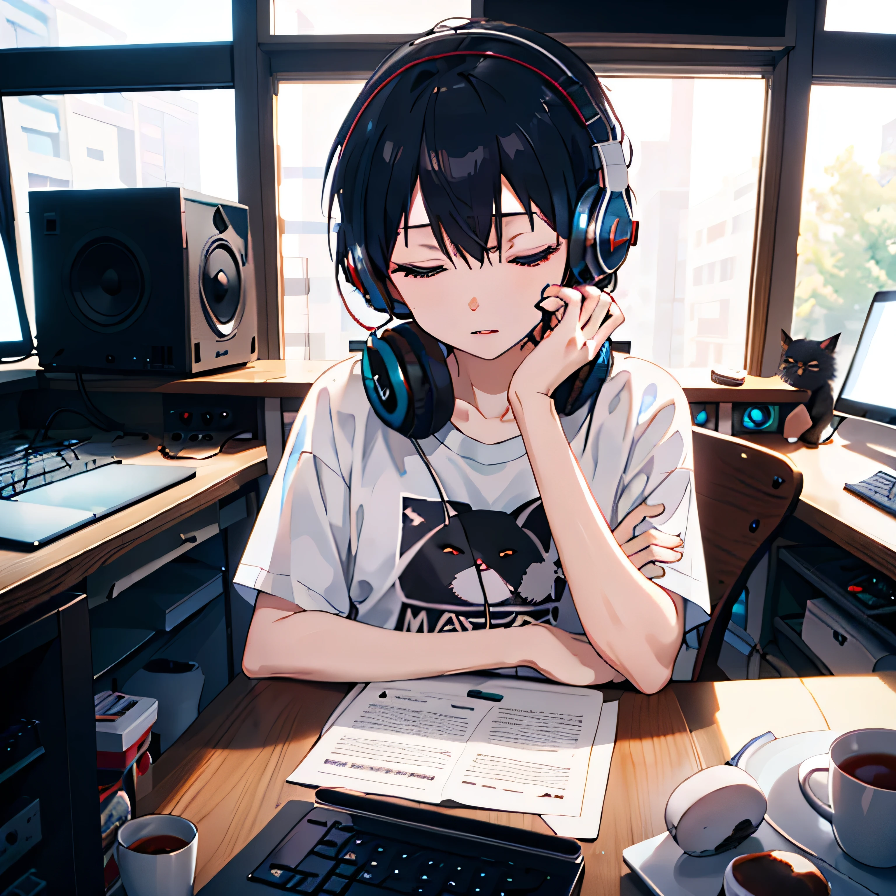 (best quality, masterpiece:1.2), (exquisite mastery), flawless face, girl, T-shirt, studying in a Japanese style, working on a radio broadcast, looking at a computer, wearing headphones, a sleeping black kitten.