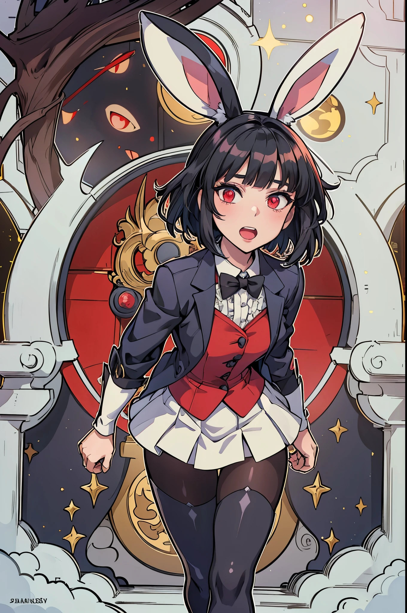 anime girl, tall, short black hair, Bangs are heavy, bunny ears, vampire, red eyes, ((best quality)), ((highly detailed)), masterpiece, absurdres, (detailed eyes, deep eyes), (1girl), cape, Outside at night when the moon shines, dress, frills, The sleeves are wide at the hem, long sleeve shirt, black tie, Stockings, boots