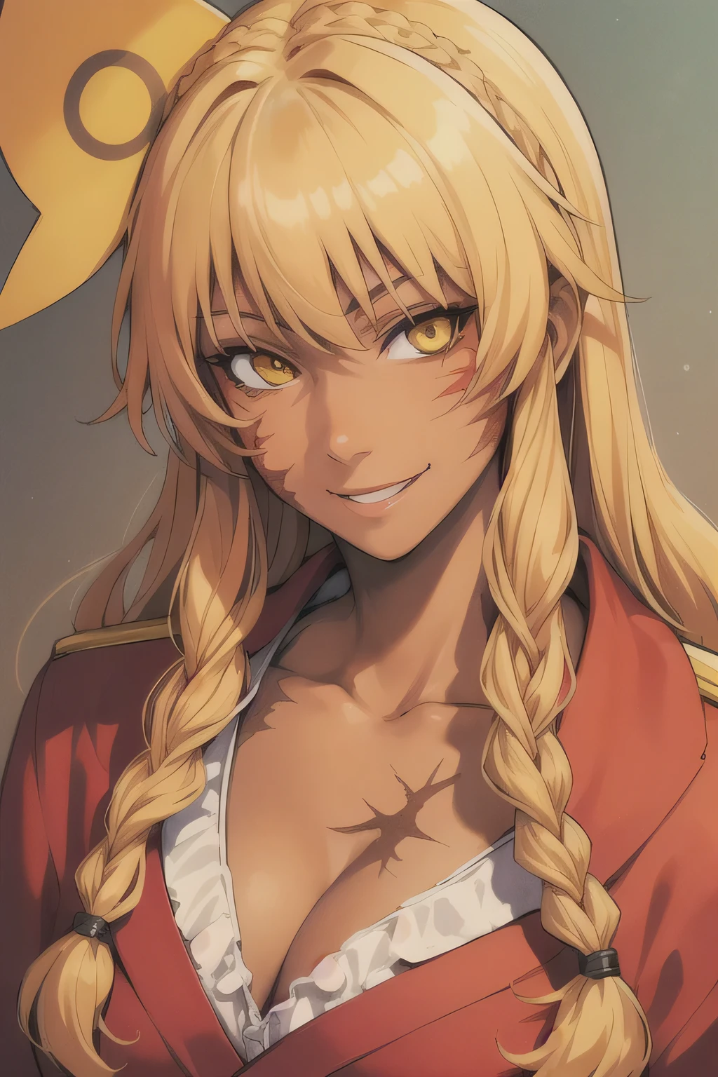 (anime) portrait, best quality, hi resolution, cartoon, detailed, balalaika, 1girl, solo, medium hair, dark skin, yellow eyes, dark red hair, twin_low_braids, scar, parody,  burn scar , smile, looking at viewer, 