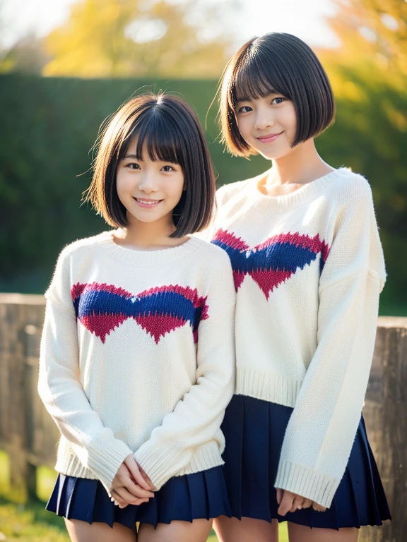 (2 girls, Same height :1.2) ,Couple Focus ,  15 years old,   Japanese Girls ,  (smile:0.7), Stand next to each other ,  Arms crossed, Arms crossed, Tucked between your arms, Push it up,  Upper Body, White long sleeve knit, Warm sweaters, School Swimsuit, big  , Beautiful thighs,Please reconsider, Narrow waist, Thin thighs, Thin legs, Long legs, にやにやのsmile, Very short hair , Bob Hair, (High color saturation:1.0),  (Very detailedな肌), (highest quality:1.0), (Ultra-high resolution:1.0) ,(Realistic:1.0), (Very detailed:1.0), (8k, RAW Photos:1.1)