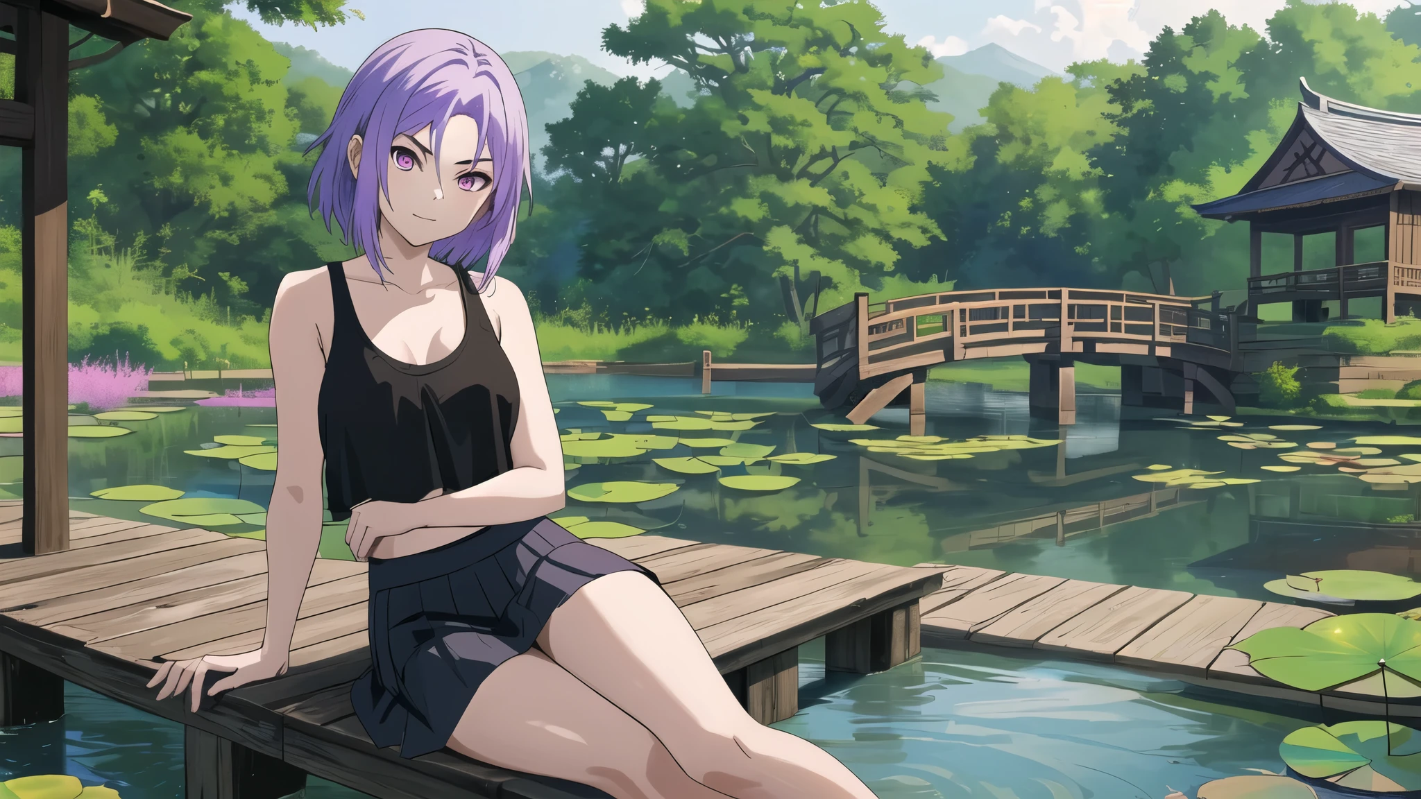 young woman with light purple hair and a black blouse is sitting on a old rustic wooden platform, girl sitting poses, in the background is a pond with water lilies, oriental landscape with a magnolia tree in the background, oriental garden, barefeet, light purple hair, short girls hair, shoulder length hair, evil looking girl, short blouse, shoulder free airy tank top, blue cropped skirt, black tank top, evil looking purple eyes, anime, old rotten wooden footbridge on the lake shore, wooden ground, epic anime artwork, evil woman