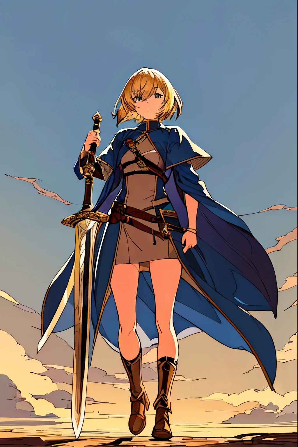 ((masterpiece:1.2, highest quality)), One girl, alone,Blonde, Short Hair, 夜 days, Full body portrait,Overall image,Swordsman Outfit,Medieval Fantasy,from the front,