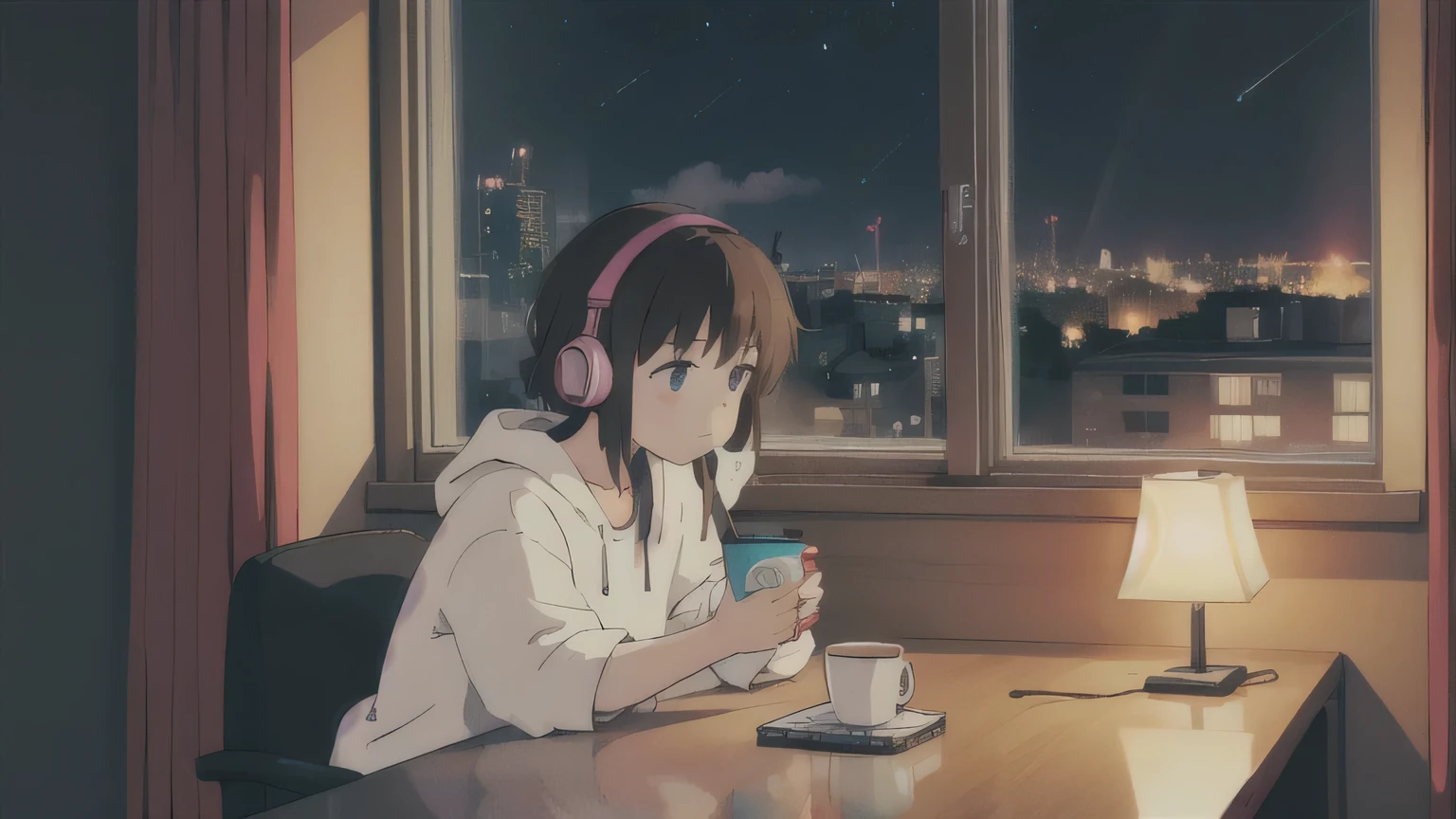 , night, Girl wearing headphones and drinking coffee, Large windows, Room at home,