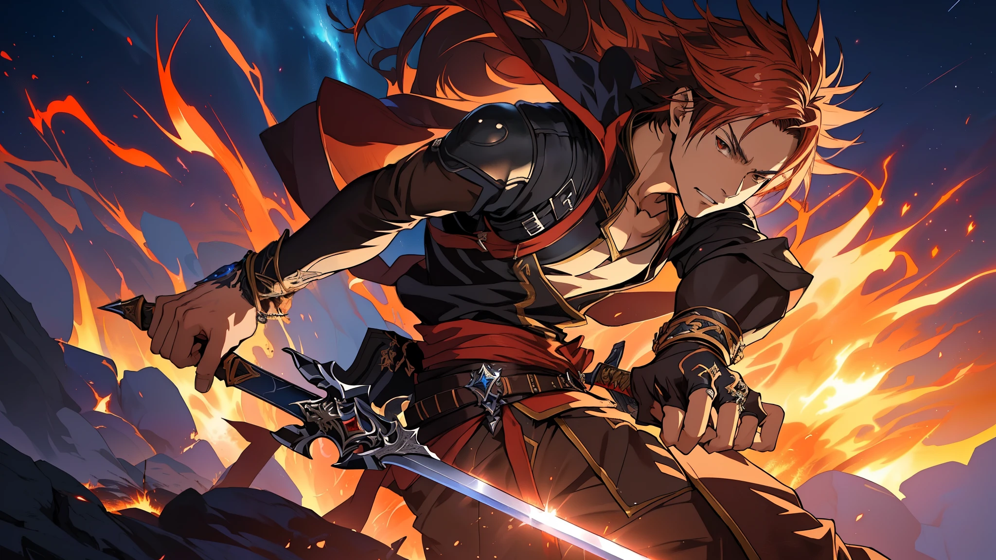 Master piece, best quality, anime, anime boy, man with sword, bracelet on fire, fire, sword, fire, fire, flames, fire, anime epic artwork, ((FINAL FANTASY XVI)) ((CLIVE ROSFIELD)), high definition anime art, detailed digital anime art, hd anime wallpaper, epic fantasy art style hd, badass anime 8 k, hd anime wallaper, 2. 5 d cgi anime fantasy artwork, 4k anime wallpaper, detailed anime art, ultra hd anime wallpaper, KAZUYA TAKAHASHI, TETSUYA NOMURA STYLE, TAKESHI OBATA STYLE.