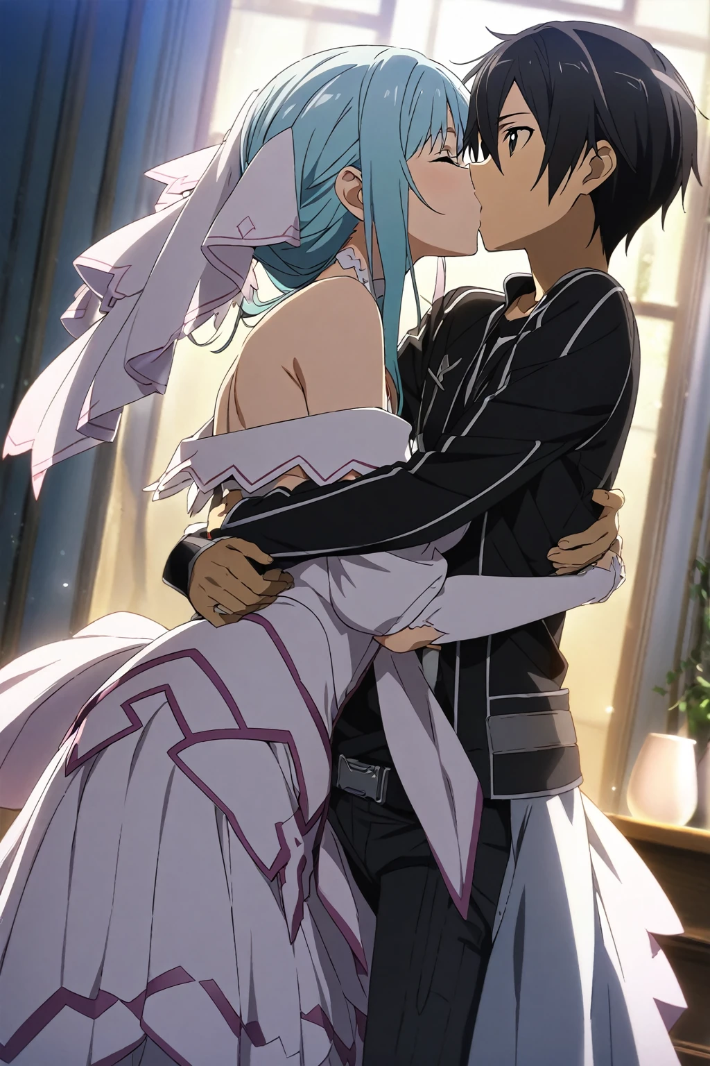 1girl and 1boy, asuna \(stacia\) and kirito, sword art online, hug, kiss, masterpiece, best quality, very aesthetic, absurdres