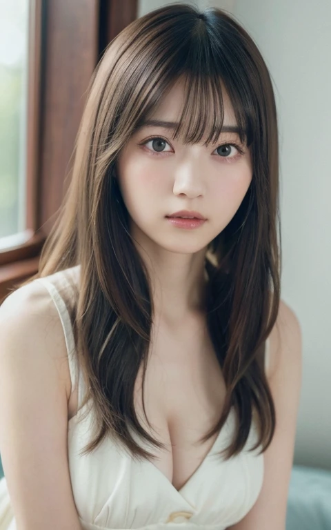 masterpiece, highest quality, 8k, 20th Generation, Large Breasts, cute, alone, sad, cute, Girlish, Delicate girl, Pure beauty, RAW Photos, Professional photography, Portraiture, Soft Light, Professional Lighting, Backlight, Upper Body, avert your eyes, Sophisticated, Film Grain, (Eyes and facial details:1.0), Short floating hair, Beautiful, flowing hair, bangs, Loose-fitting peplum、(Large Breasts:1.0)、You can see a little cleavage、Dolly Makeup、Odd Eye、The colour of the left and right eyes are different