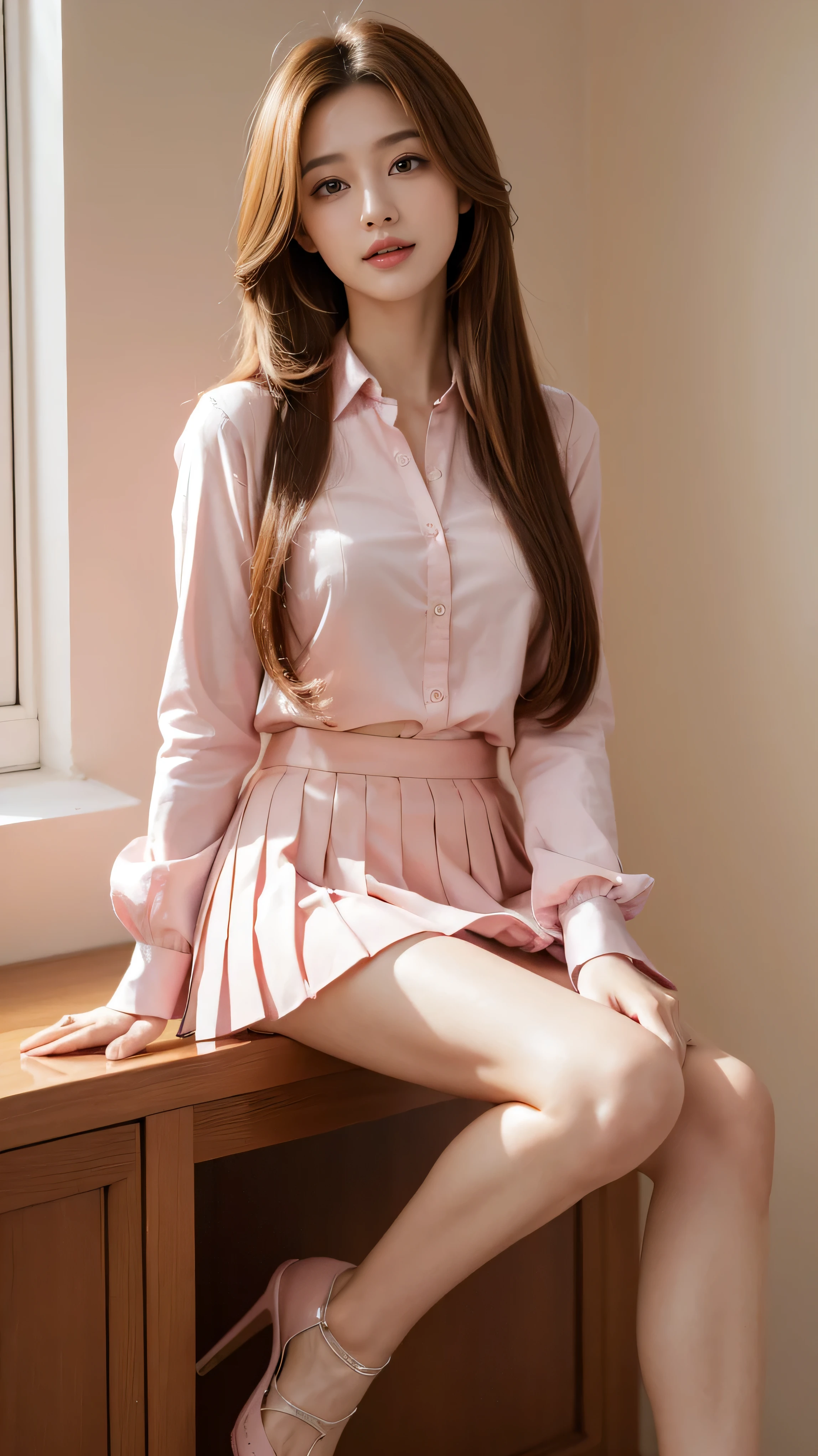 highest quality,masterpiece,Ultra-high resolution,(Actual:1.4),Original photo,Ultra-high resolution，8k，There are women，Fair skin，Exquisite makeup，pink button up blouse_long thin sleeve，pink pleated mini skirt,pink heels，Long legs，Bright and beautiful、Long straight hair_Hair reaching down to the waist,shy smile