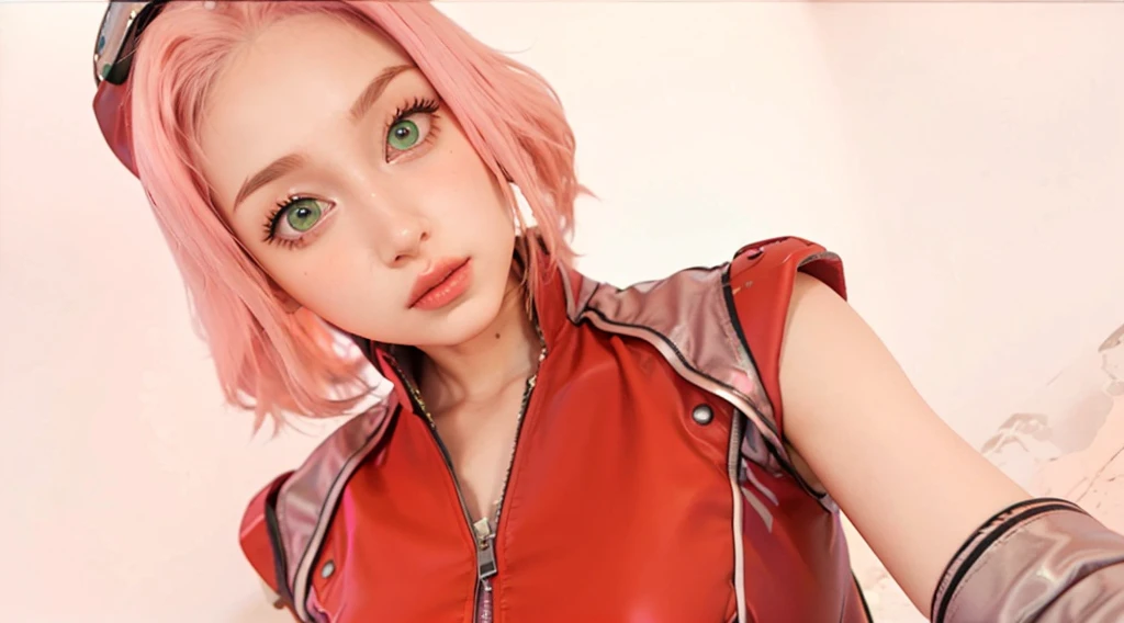 young woman, short shoulder-length pink hair, wide forehead, porcelain skin, pink eyebrows, big emerald green eyes, buttoned nose, full lips, heart-shaped face, slender body, small breasts, red tank top, Sakura Haruno , realistic, realism, details, 3d, well detailed