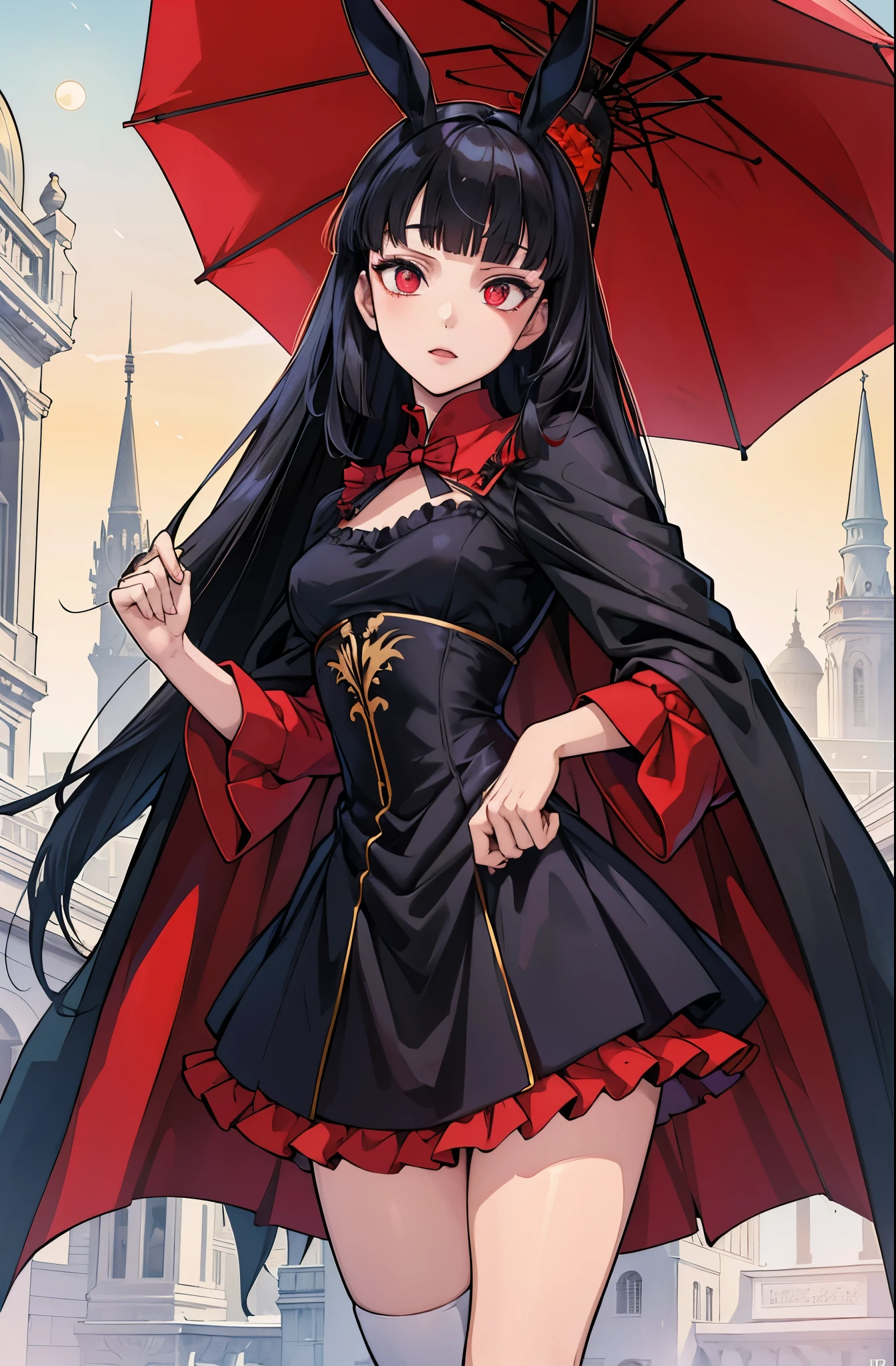 anime girl, tall, short black hair, Bangs are heavy, bunny ears, vampire, red eyes, ((best quality)), ((highly detailed)), masterpiece, absurdres, (detailed eyes, deep eyes), (1girl), cape, Outside at night when the moon shines, dress, frills, The sleeves are wide at the hem, long sleeve shirt, black tie, Stockings, boots