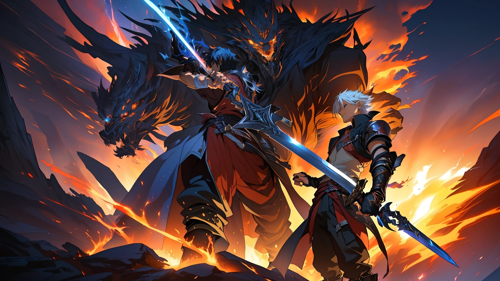 Master piece, best quality, anime, anime boy, man with sword, bracelet on fire, fire, sword, fire, fire, flames, fire, anime epic artwork, ((FINAL FANTASY XVI)) ((CLIVE ROSFIELD)), high definition anime art, detailed digital anime art, hd anime wallpaper, epic fantasy art style hd, badass anime 8 k, hd anime wallaper, 2. 5 d cgi anime fantasy artwork, 4k anime wallpaper, detailed anime art, ultra hd anime wallpaper, KAZUYA TAKAHASHI, TETSUYA NOMURA STYLE, TAKESHI OBATA STYLE.