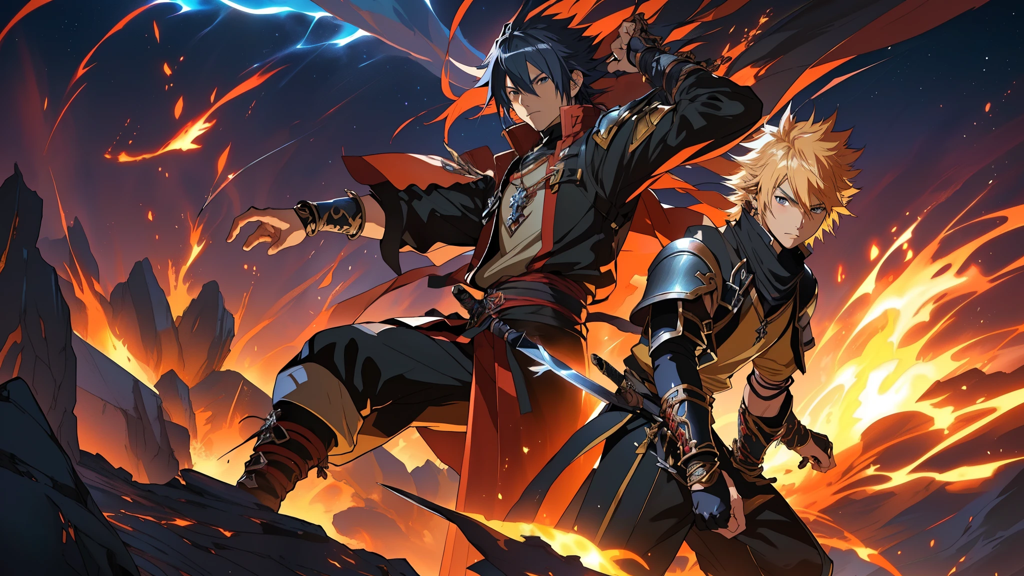 Master piece, best quality, anime, anime boy, man with sword, bracelet on fire, fire, sword, fire, fire, flames, fire, anime epic artwork, ((FINAL FANTASY XVI)) ((CLIVE ROSFIELD)), high definition anime art, detailed digital anime art, hd anime wallpaper, epic fantasy art style hd, badass anime 8 k, hd anime wallaper, 2. 5 d cgi anime fantasy artwork, 4k anime wallpaper, detailed anime art, ultra hd anime wallpaper, KAZUYA TAKAHASHI, TETSUYA NOMURA STYLE, TAKESHI OBATA STYLE.