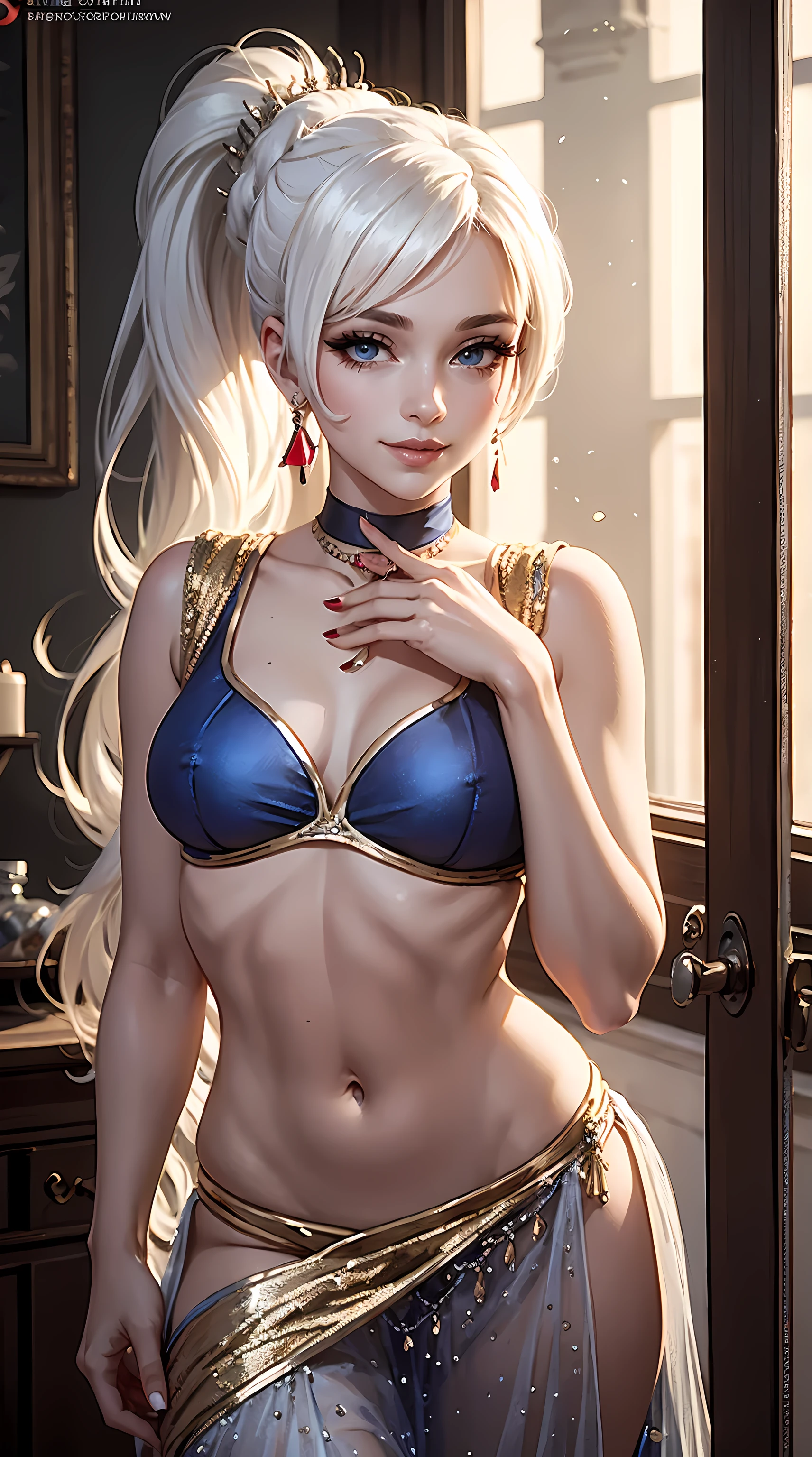 Beautiful white hair woman is shown to have a slender figure, she is wearing a nsfw lehenga, choker, flirty smile, blue eyes, ponytail, jewelry, girl in a hookah room, sexy session, sexy pose, cowboy shot, superior quality, many details, realistic