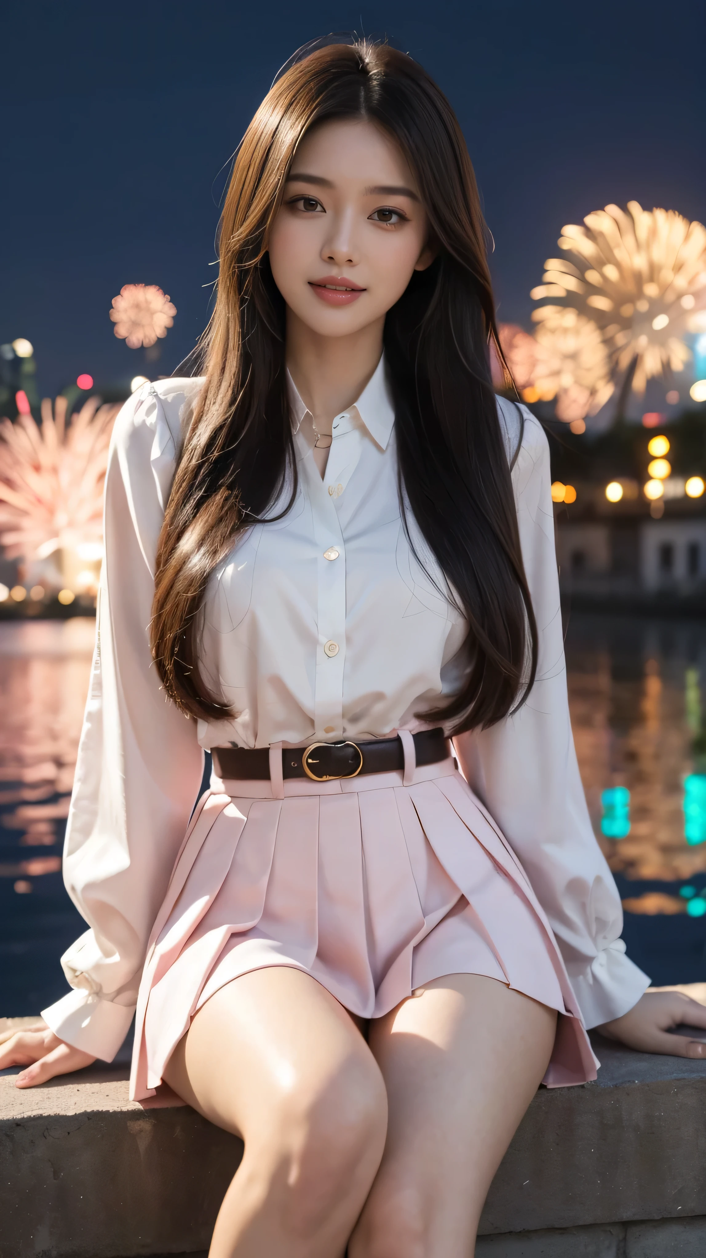 highest quality,masterpiece,Ultra-high resolution,(Actual:1.4),Original photo,Ultra-high resolution,8k,There are women,Fair skin,Exquisite makeup,pink button up blouse_long thin sleeve,pink pleated mini skirt,pink heels,Long legs,Bright and beautiful、Long straight hair_Hair reaching down to the waist,shy smile,at Fireworks Festival,From an oblique angle above