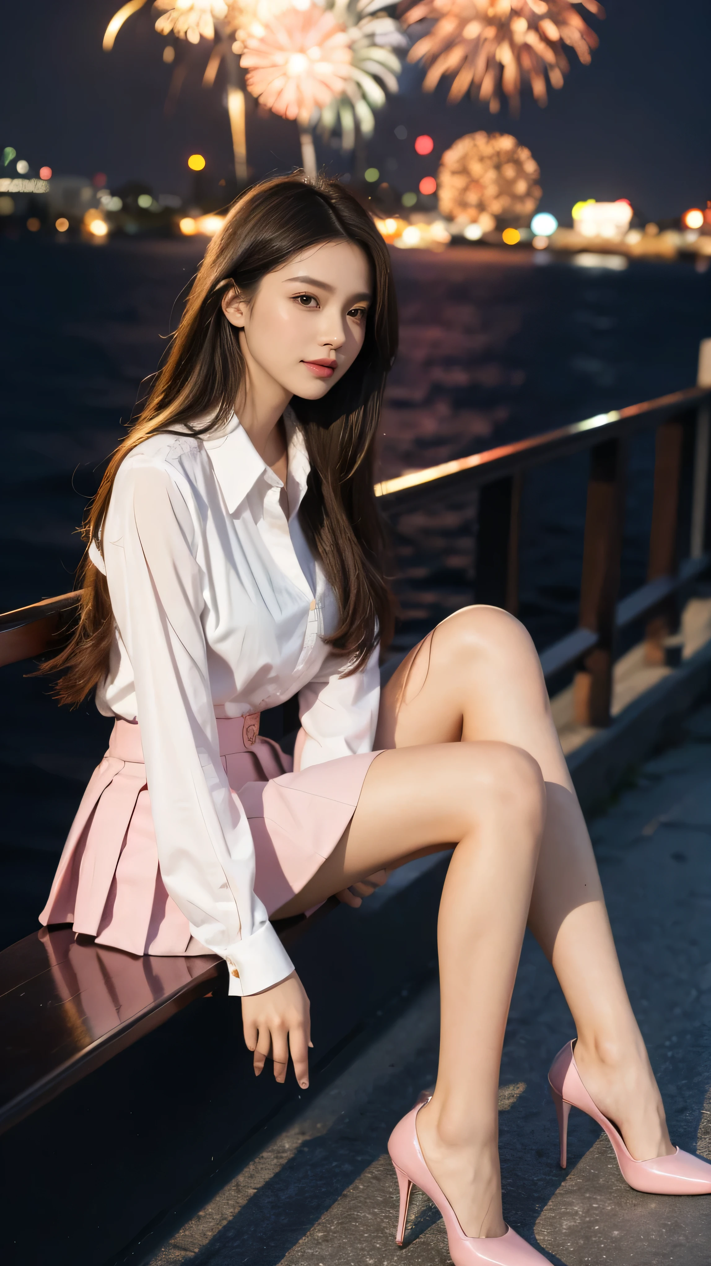 highest quality,masterpiece,Ultra-high resolution,(Actual:1.4),Original photo,Ultra-high resolution，8k，There are women，Fair skin，Exquisite makeup，pink button up blouse_long thin sleeve，pink pleated mini skirt,pink heels，Long legs，Bright and beautiful、Long straight hair_Hair reaching down to the waist,shy smile,at Fireworks Festival,From an oblique angle above