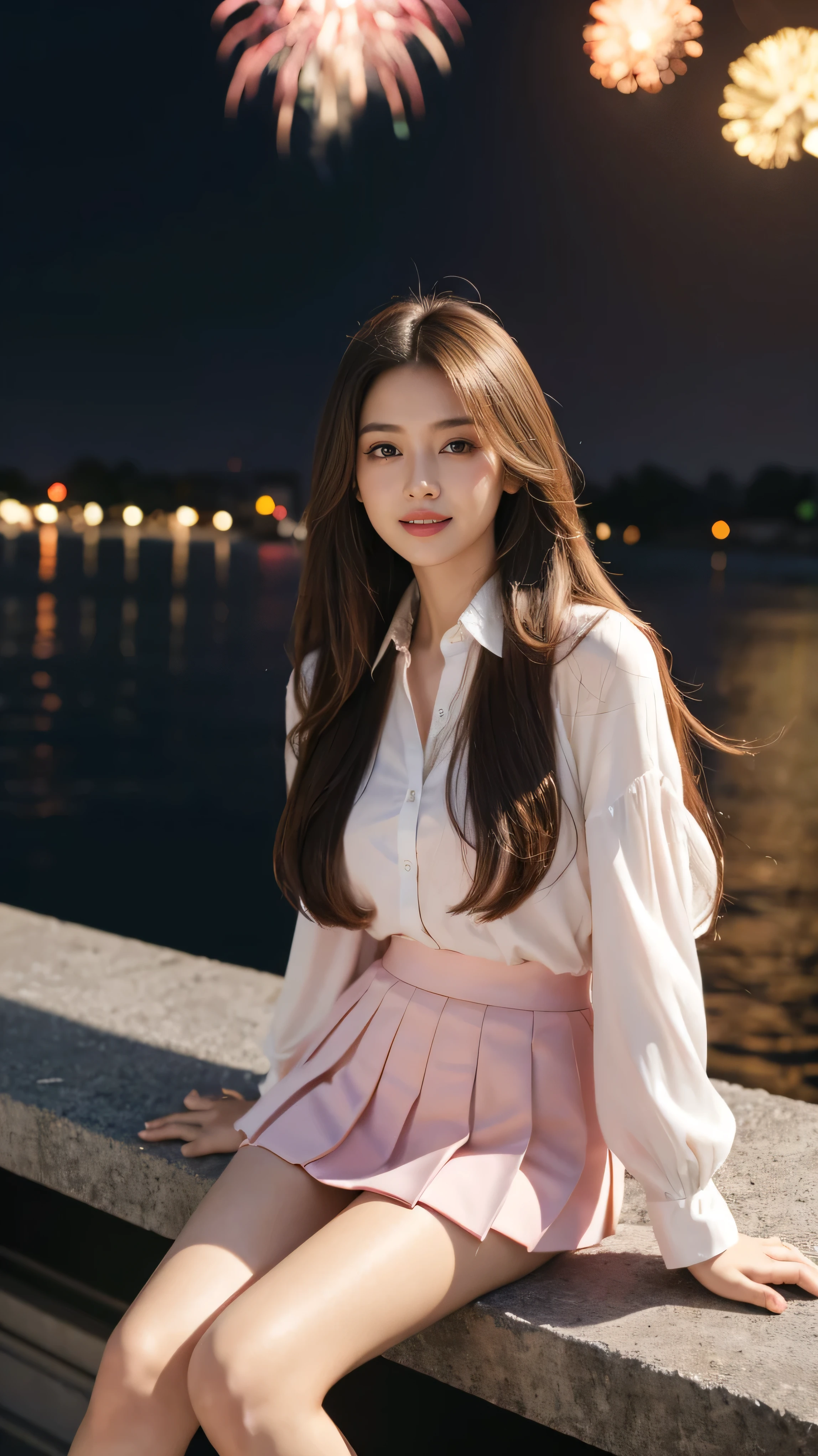 highest quality,masterpiece,Ultra-high resolution,(Actual:1.4),Original photo,Ultra-high resolution,8k,There are women,Fair skin,Exquisite makeup,pink button up blouse_long thin sleeve,pink pleated mini skirt,pink heels,Long legs,Bright and beautiful、Long straight hair_Hair reaching down to the waist,shy smile,at Fireworks Festival,From an oblique angle above
