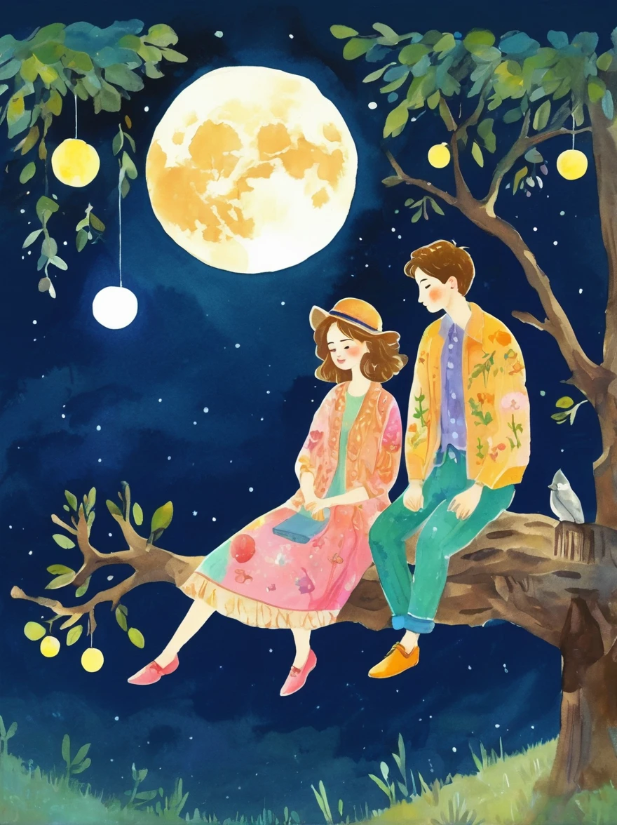 Romantic，night，Backlight，A man and a woman sitting on a tree branch，There is a full moon behind it，Alexander，repeat，Fresh colors，Soft colors，Ink and watercolor，Vector illustration，Diode lamp，Concept art style，Extremely complex details，Clear distinction between light and dark，Layered，Ultra HD