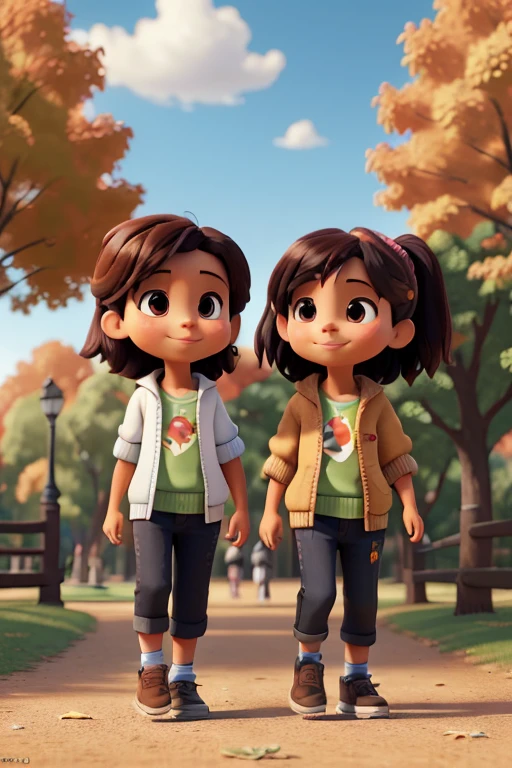 session style , two little friends playing in the park in autumn, sonriendo, (Fondo de pantalla CG unity 8k), Foto de cuerpo entero. tendencia en artstation, tendencia en CGSociety, Alto detalle, Sharp focus, alegre, Arte de pintura de Midjourney y Greg Rutkowski.