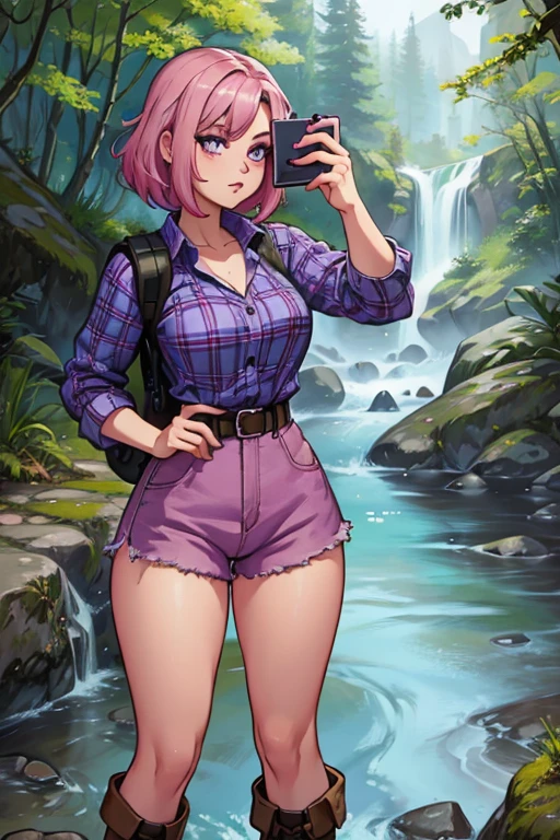 A pink haired woman with violet eyes with an hourglass figure in a plaid shirt and shorts and hiking boots is taking a selfie in front of a river in the forest