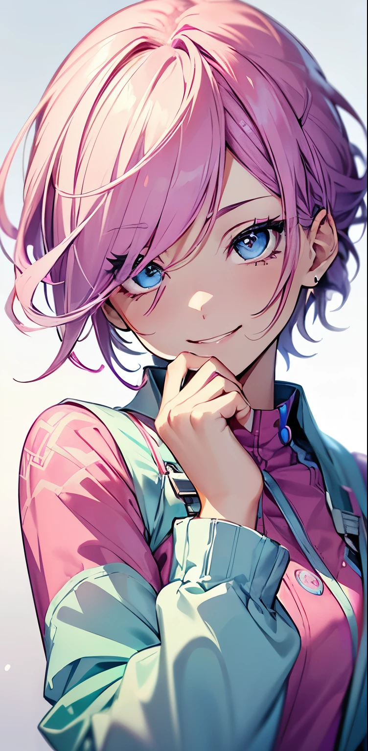 Realistic、1girl、fluorescence pink hair、blue eyes、(eye focus:1.3,face focus:1.3,upper body:1.5),(gradient eyes:1.3),(blouse)、smiley face,laugh with your mouth wide open,(happy:1.3),short hair、cute face,portrait,