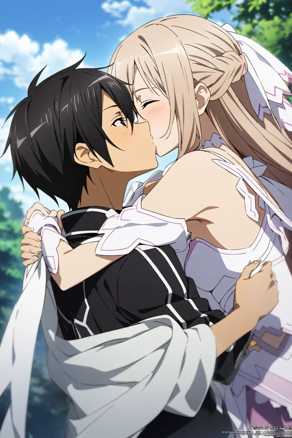 1girl and 1boy, asuna \(stacia\) and kirito, sword art online, hug, kiss, masterpiece, best quality, very aesthetic, absurdres