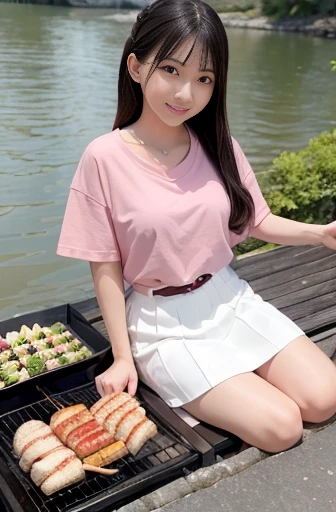 best quality, detailed, beautiful, insanely detailed, absurdres,perfect anatomy,
Japanese female,black hair,27 years old,
(slender),
(small breasts best quality),(super fucking beautiful),(super fucking beautiful),
river, delightful, cheerful grin, sitting, single braid, (pink t-shirt), (white skirt), (Scene of enjoying a barbecue:1.3), japanese, with a river, full body shot, from front, from above, midday