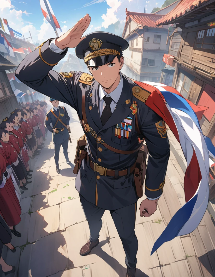 anime style, super fine illustration, highly detailed, dynamic angle, beautiful detailed, 8k, A Self-Defense Force member salutes solemnly. Behind them, the Hinomaru is proudly raised, swaying in the wind. In the background, the Japanese national flag is visible, conveying their sense of pride and duty.(highest quality、masterpiece、High resolution、detailed)、animeスタイル、Flat Style、 BREAK,extremely detailed、Fun Themes、Dynamic Angle、anime