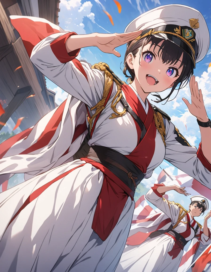 anime style, super fine illustration, highly detailed, dynamic angle, beautiful detailed, 8k, A Self-Defense Force member salutes solemnly. Behind them, the Hinomaru is proudly raised, swaying in the wind. In the background, the Japanese national flag is visible, conveying their sense of pride and duty.(highest quality、masterpiece、High resolution、detailed)、animeスタイル、Flat Style、 BREAK,extremely detailed、Fun Themes、Dynamic Angle、anime