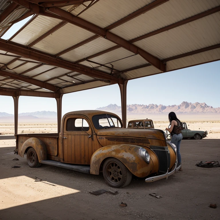 A typical scene of a , hot deserted era in the wide desert of Nevada, sandy with withered bushes in white-yellow faded color, at Tonopah airfield, a wooden rusty steel and wooden U.S. Style 1940 Hangar, partly damaged, weathered, with a collapsed wooden roof, where the wooden parts of the roof are laying scatteinside the hangar, together witl odl tool parts and metal scrap, a totally broken piston engined WW II fighter aircraft laying in the middle of the hangar, a totally broken 1939 Ford Pick-up, rusty damaged, doors lost, hood partly rusted away, stands next to the hangar and a beautiful, long black haired woman, dressed airy, is photographing the whole scene with her smartphone, detailed high-quality rendering, overall photorealism realistic faces, garment, car and plane, building and environment, dynamic scene, atmospheric lighting.