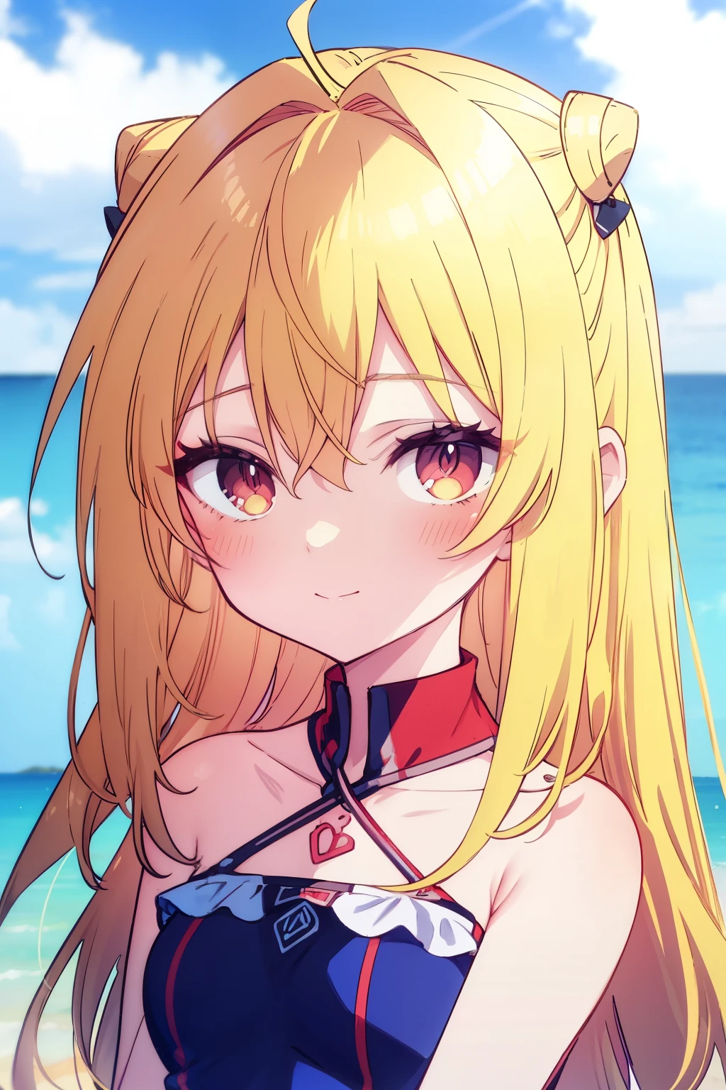 Terracomali Gundesblood、Good looking girl (blush, Perfect Face), independent , Looking at the camera, masterpiece, Anime art style, Cute Characters, Most detailed, high quality、Nico Nico Smile、There are highlights in the eyes、The whole body is visible、blonde、Long Hair、かわいいSwimwearを着て、Playing in the sea、Swimwear