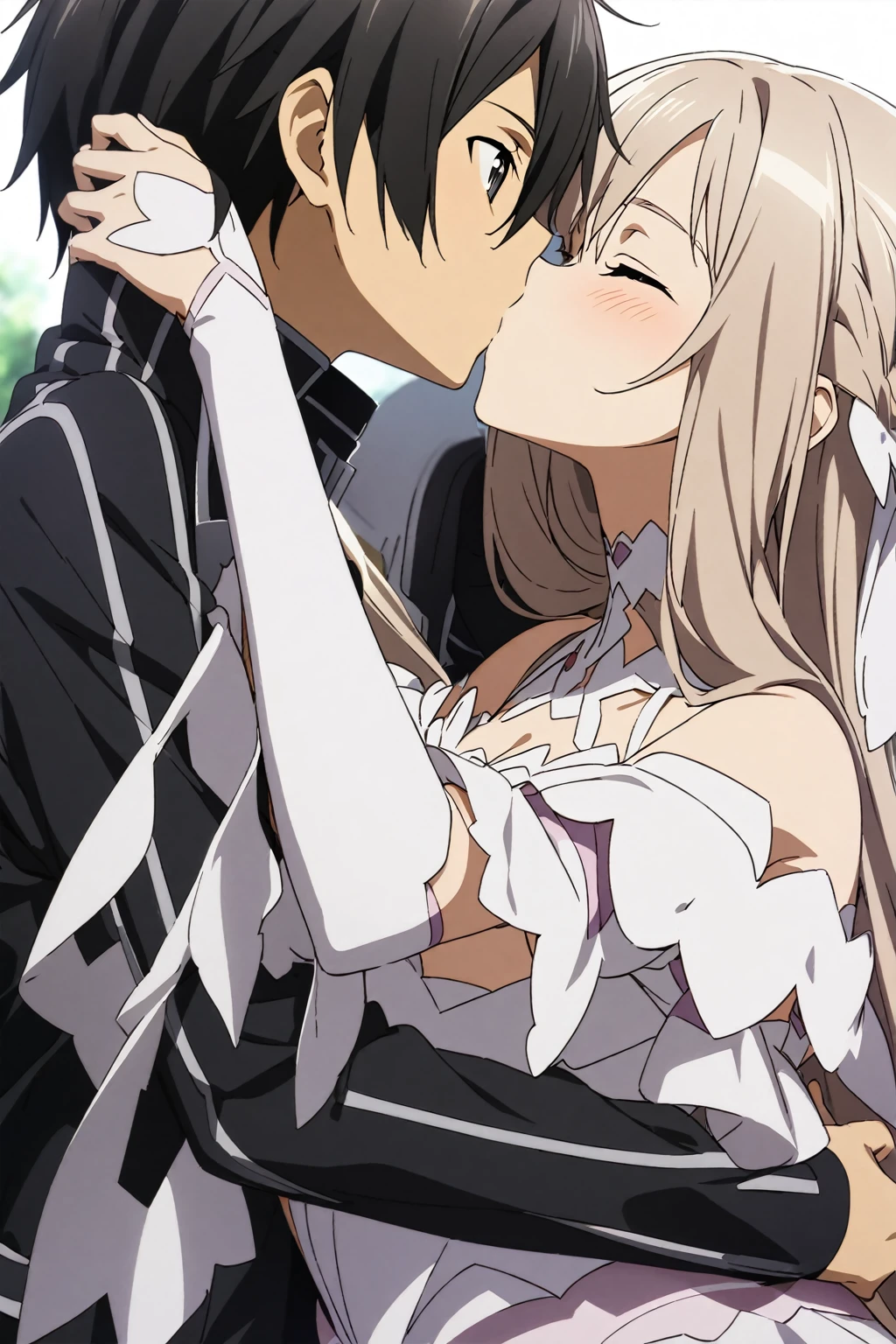 1girl and 1boy, asuna \(stacia\) and kirito, sword art online, hug, kiss, masterpiece, best quality, very aesthetic, absurdres