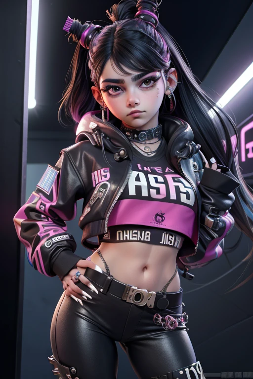 1 chica, 18 years, cabello purpura, traje ciberpunk, ciudad futurista, Piercing en el ombligo.